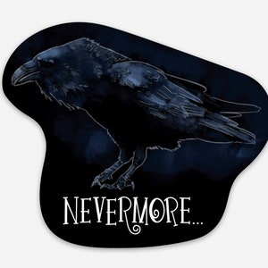 May include: A black and white illustration of a raven with the text "NEVERMORE..." on a dark blue background.