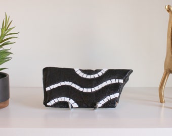 Shelf Sitter | Home Decor | Shou-Sugi-Ban | Burned Wood & White Tile | Upcycle Art | Shelf Decor | Counter Sitter | 7.5" x 3.5" +Wire Stand