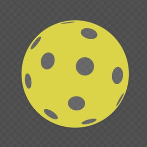May include: A yellow pickleball with six gray holes.