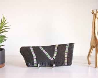 Shelf Sitter | Home Decor | Shou-Sugi-Ban | Burned Wood & Mosaic Tile | Purple Green | Shelf Decor | Counter Sitter | 8" x 3.5" + Wire Stand