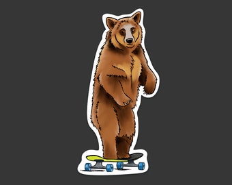 Skateboarding Bear Sticker , Bear on a Skateboard, Funny, Skater - STICKER 1.98" x 4" Diecut
