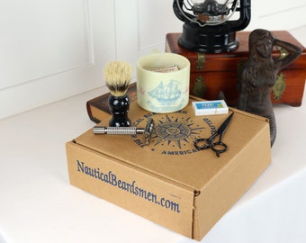 Traditional Wet Shaving Set - Vintage Old Spice Shulton Glass Shaving Mug w/-Pearl Black Safety Razor& Razor's-Boar's Hair Brush-Scissor