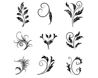 Remolinos de hojas decorativas PNG, Gráficos SVG de florecimientos descargables, Acentos Vector JPEG Gif, Remolinos de esquina, Viñetas, Filigrana decorativa