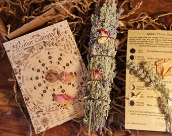 Moon ritual box, Lunar Calendar 2023 and Moon Smoulder Stick. Full moon dates, astrology. Smoke cleanse.