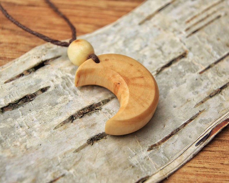 Birch wood Moon pendant. Hand carved Wild Jewellery Hemp Cord. image 3
