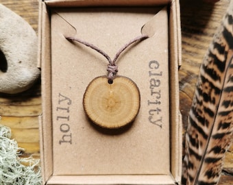 Holly pendant hand carved from windfallen wood. Wild, Natural Jewellery. Tree talisman. Hemp Cord. Sustainable. Eco. Vegan | Wild Fen