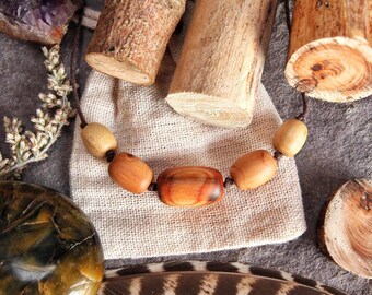 Witch's Trio bead necklace. Yew, Hawthorn & Elder wood. Hand carved wooden Wild Jewellery. Hemp Cord. Natural Jewellery. Sustainable. Vegan