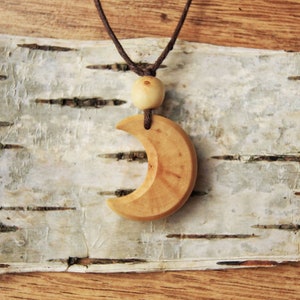 Birch wood Moon pendant. Hand carved Wild Jewellery Hemp Cord. Moon + bead