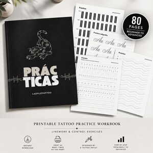 Puede incluir: Una portada de cuaderno negra con una ilustración de pantera blanca y el texto PRÁCTICAS y LADYLOTATTOO, acompañada de cuatro hojas de práctica blancas con caligrafía, líneas y patrones geométricos, y una insignia circular de 80 PAGES.