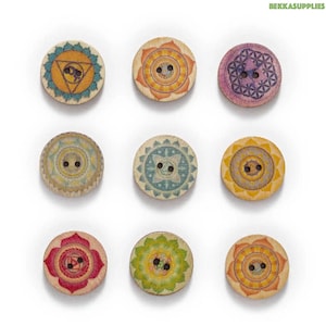 50 pcs 15-18-20-23-25 mm Bouton rond en bois 2 trous avec motif géométrique pour le scrapbooking, couture décorative, fabrication de boutons