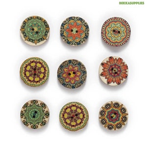 50 pcs 15-18-20-23-25 mm Bouton rond en bois 2 trous avec motif rétro pour le scrapbooking, couture décorative, fabrication de boutons