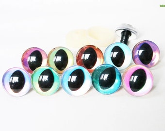 10mm-30mm 10Pairs Clear 3D Cat Eyes with Glitter Colour and Washer #DIY amigurumi plush stuffed crochet animal making