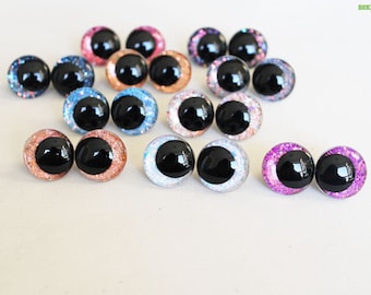 Ojos de seguridad redondos con purpurina de dibujos animados de 12-14-16-18-20-23-28 mm con arandela y tela brillante - 5 pares / 10 pares para hacer amigurumis de peluche