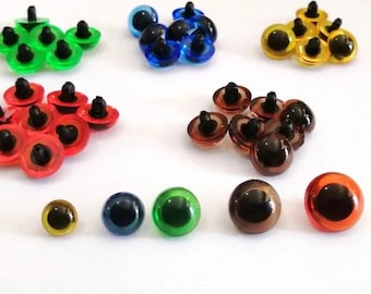 Ojos de colores para coser (50 unidades) de 9 mm / 10,5 mm / 12 mm / 13,5 mm / 15 mm para muñecos y animales. Ideales para manualidades con peluches amigurumi.