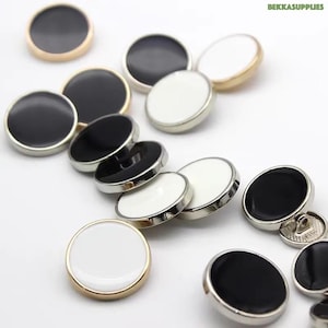 10 botones de metal negro de 11,5 mm, 15 mm, 20 mm y 25 mm, botones de metal blanco con forro y vástago redondo, para coser chaqueta, abrigo o blazer.