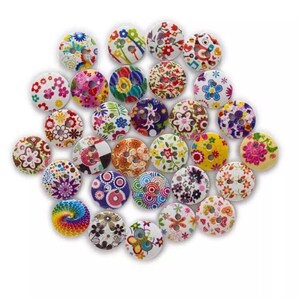 50PCs Assorted Size - Pastoral Style Flower Printed Wooden Sewing Button