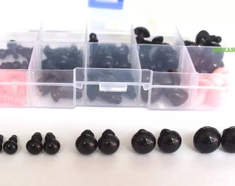 6-12mm Spielzeug Schwarze Sicherheitsaugen + 9mm 12mm Sicherheitsnase - 1 Box 75PCs #DIY Amigurumi Gehäkelte Plüschpuppe Spielzeugherstellung