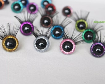 10Pairs--Size: 12/13/14/15/16/18/20/22/24 Round Glitter Safety Eyes with black eyelashes #DIY Amigurumi Crochet Plush Animal Craft
