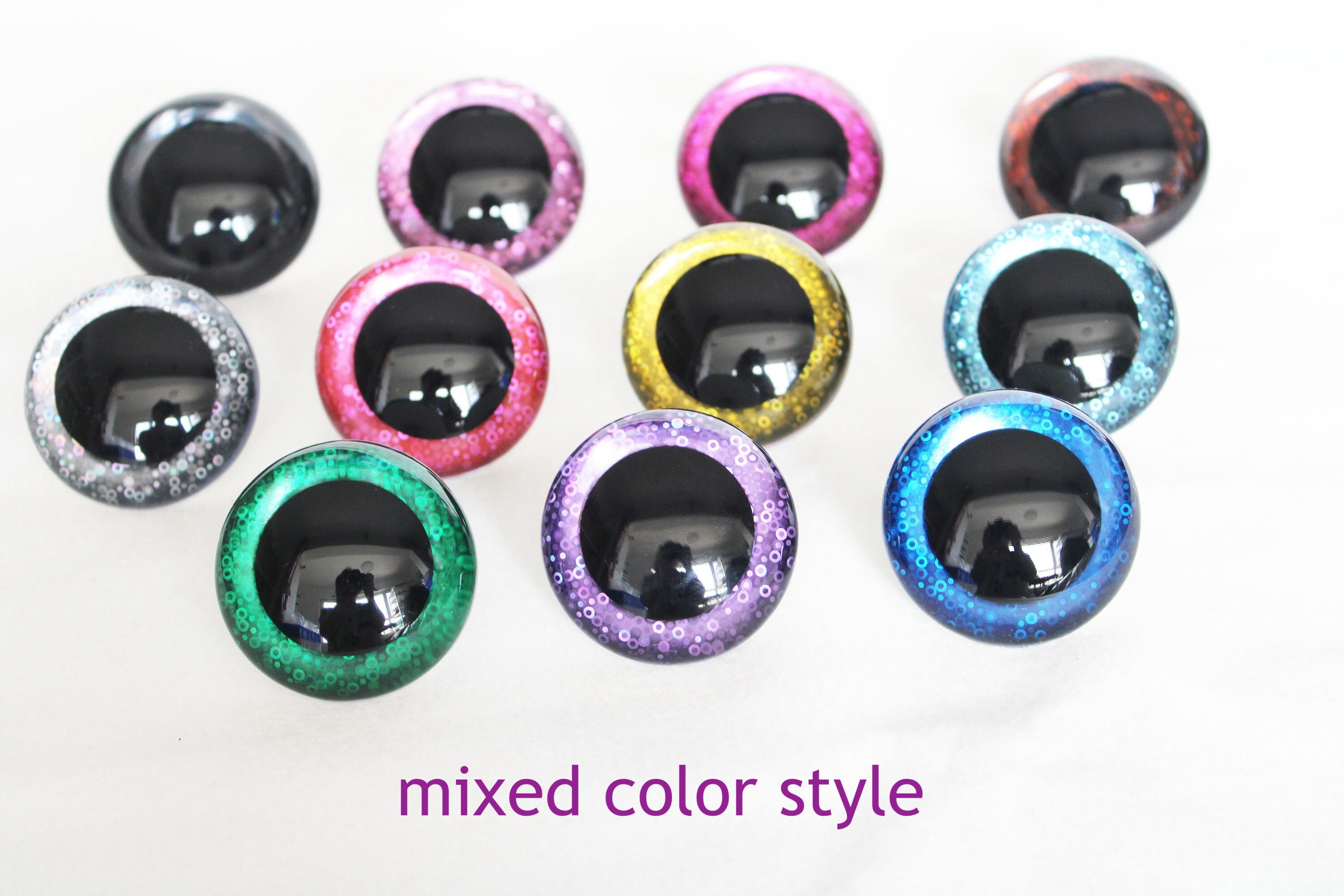 KOOSUFA 12 Pcs 6 Color Glitter Safety Eyes 9mm 12mm 14mm 16mm 18mm 20mm 25mm Premium Round Amigurumi Eyes with Washers for Doll Teddy Bear Puppet