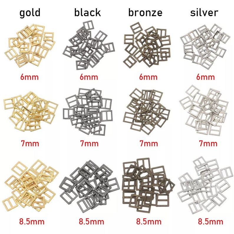 Op de afbeelding: Assortiment van metalen schuifgespen in goud, zwart, brons en zilver. De gespen zijn verkrijgbaar in drie maten: 6 mm, 7 mm en 8,5 mm.