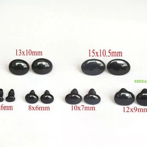 May include: Assortment of black plastic safety eyes for crafts and stuffed toys. The eyes come in various sizes, ranging from 4x6mm to 15x10.5mm.