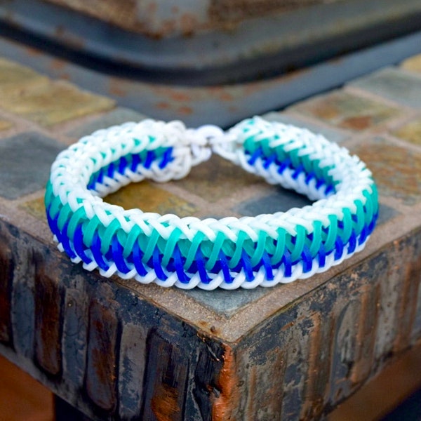 Glow In The Dark Navy Blue, Teal, and White Rubber Band Bracelet- Rainbow Loom Ocean Colors  Beach Skydive Bracelet Friendship Gift Summer