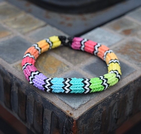 Rainbow With Black and White Stripes Rubber Band Bracelet Rainbow