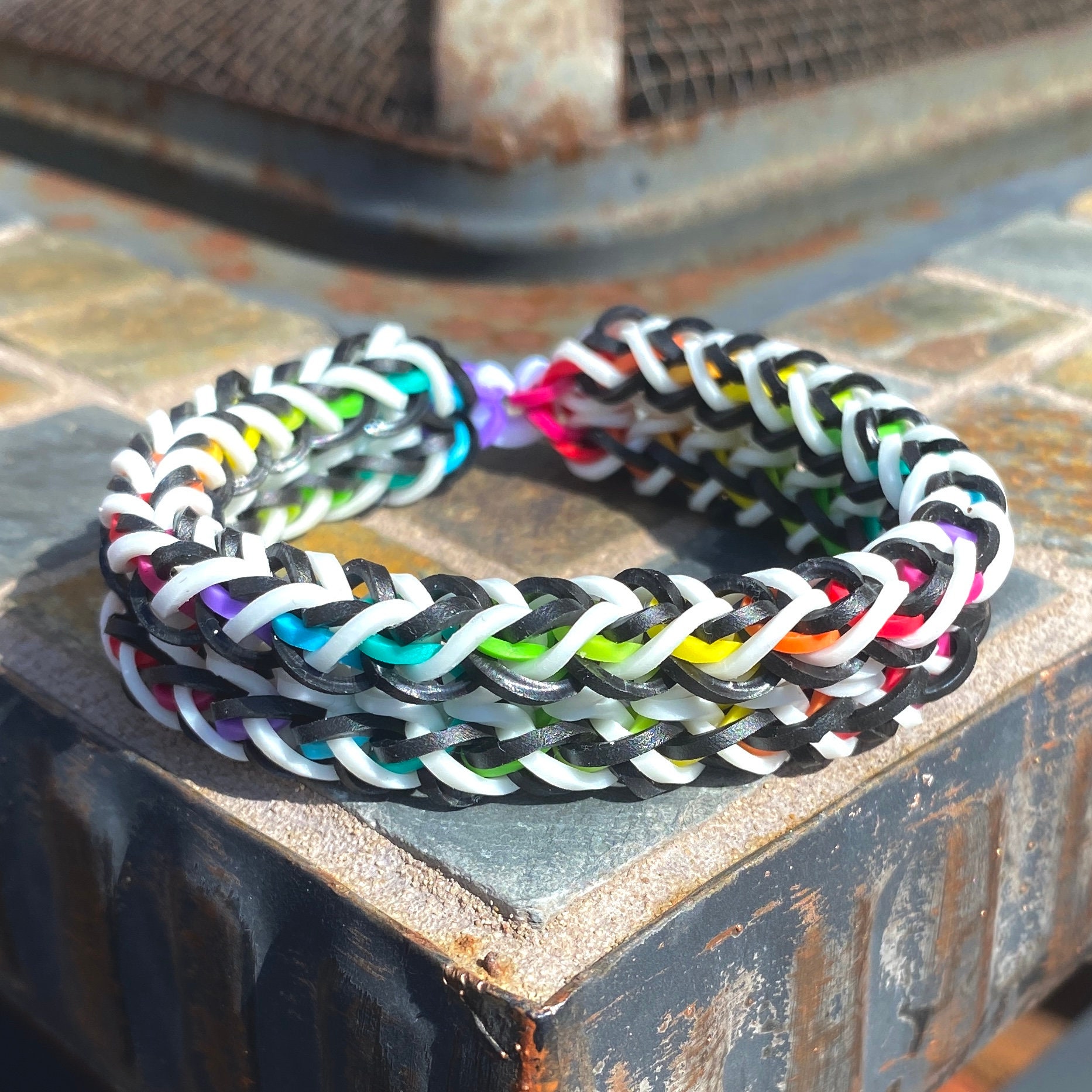 Rainbow With Black and White Stripes Rubber Band Bracelet Rainbow