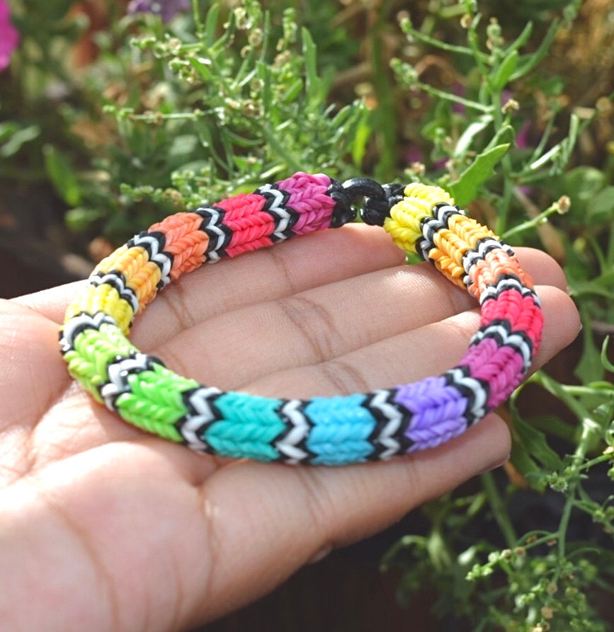 Rainbow With Black and White Stripes Rubber Band Bracelet Rainbow