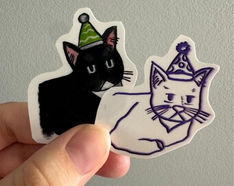 Party Cat Sticker – Classic Tuxedo and Purple Outlined Versions 2.25"x2"