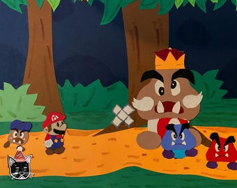 Mario vs King Goomba Paper Craft Art Print 8x10 Matte or Glossy