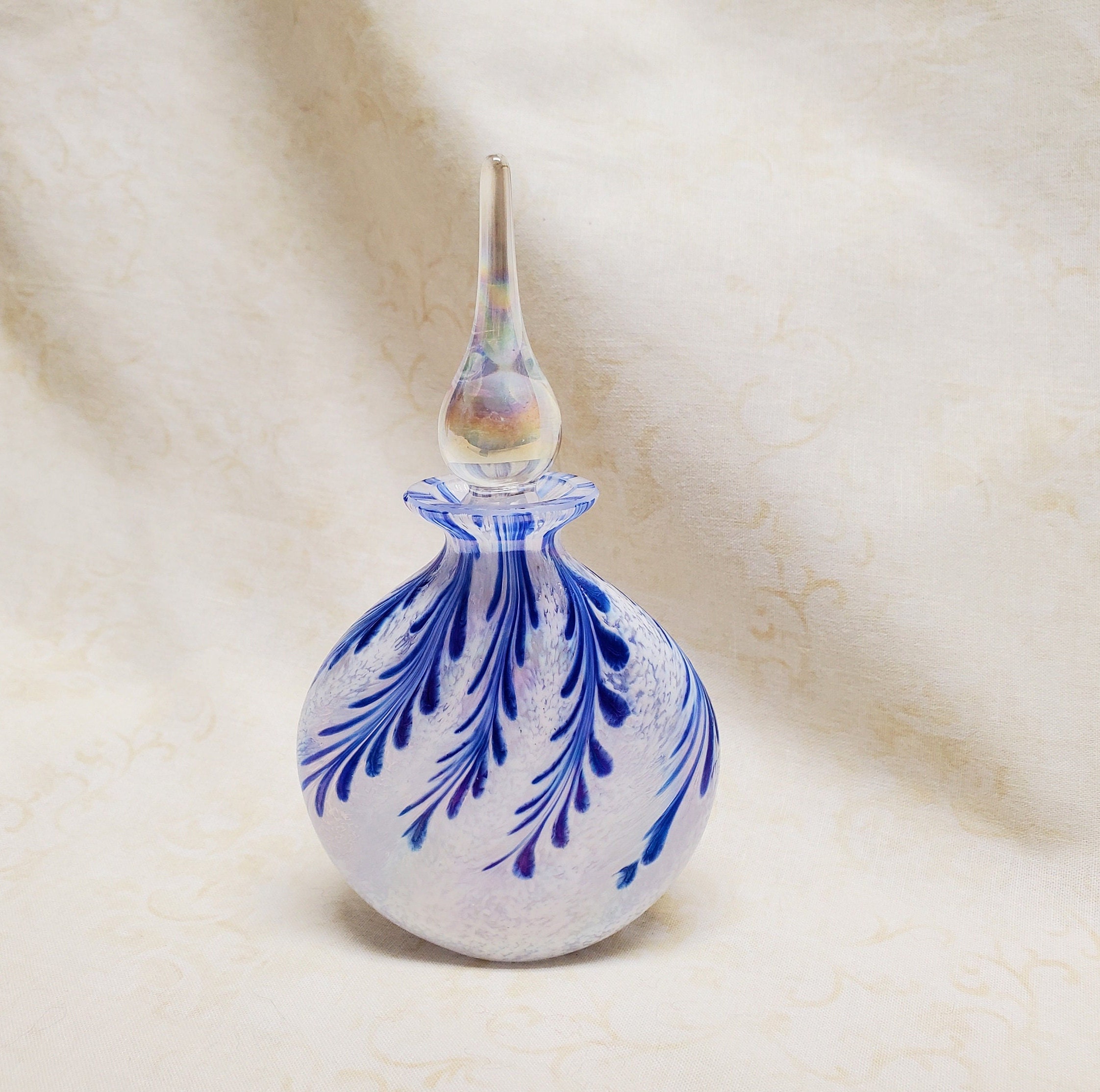 Vintage Feathered Blue and White Glass Perfume Bottle With Etsy