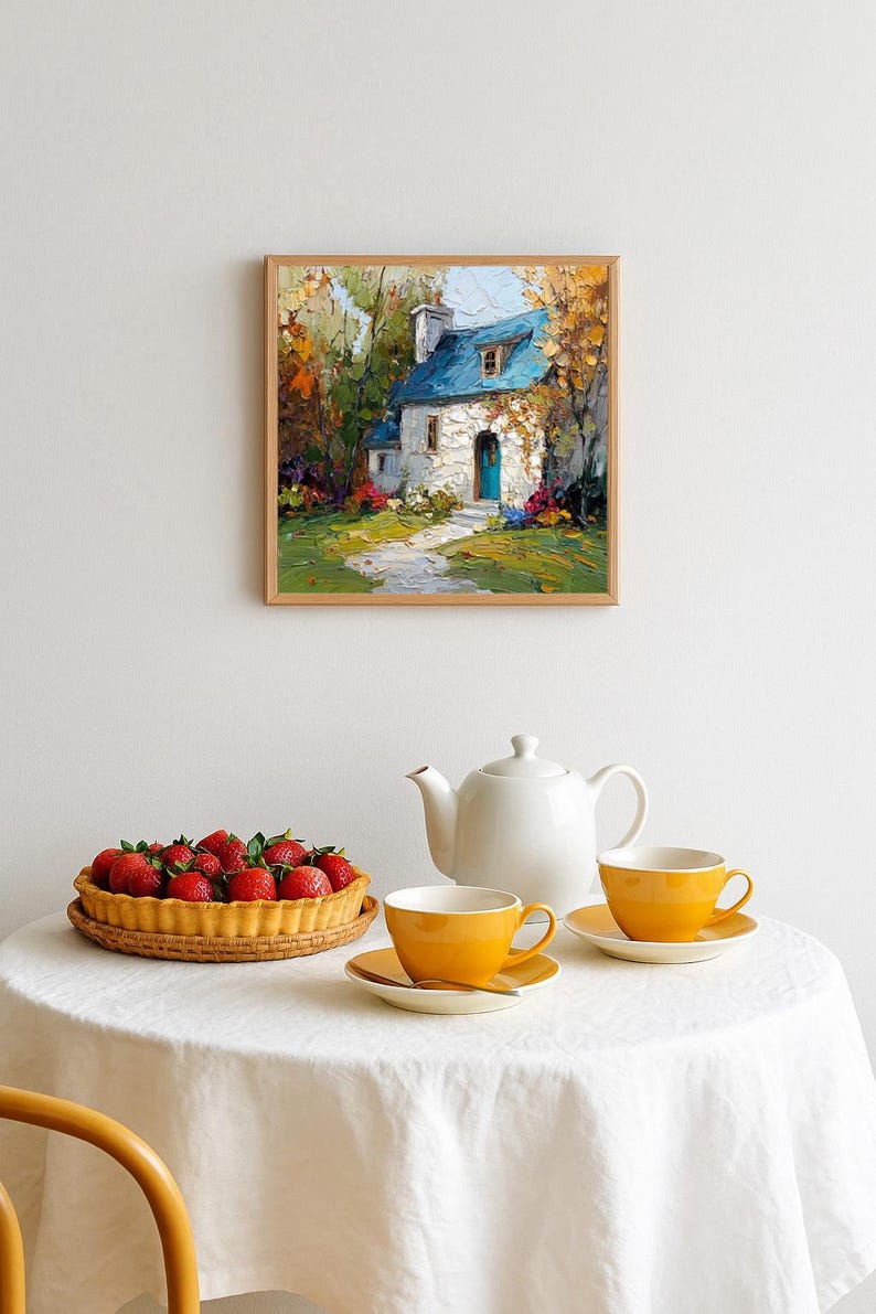 Op de afbeelding: Een ingelijst schilderij van een schilderachtig huisje met een blauw dak en een turkooizen deur hangt boven een tafel. Op de tafel staan een aardbeientaart en twee gele theekopjes met schotels, samen met een witte theepot.