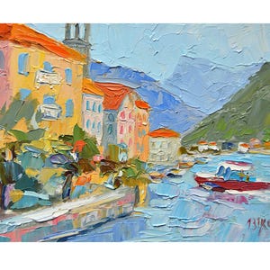 Peinture originale de Perast, Monténégro, paysage urbain, bateaux, mer, 20 x 15 cm, cadeaux de voyage, paysage européen, artiste ukrainienne V. Slavinska