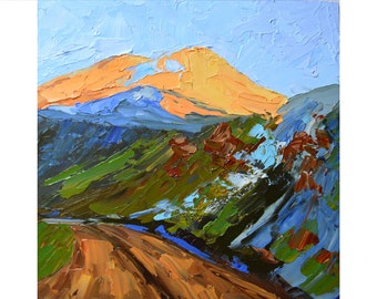Peinture de montagne originale, paysage au coucher du soleil, pièce unique, 20 x 20 cm, réalisée à l'huile en technique impasto.