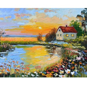 Peinture de village ukrainien, paysage, œuvre d'art originale à l'huile, Slava Ukraini, 20 x 15 cm, champ de maisons, artiste ukrainienne V. Slavinska