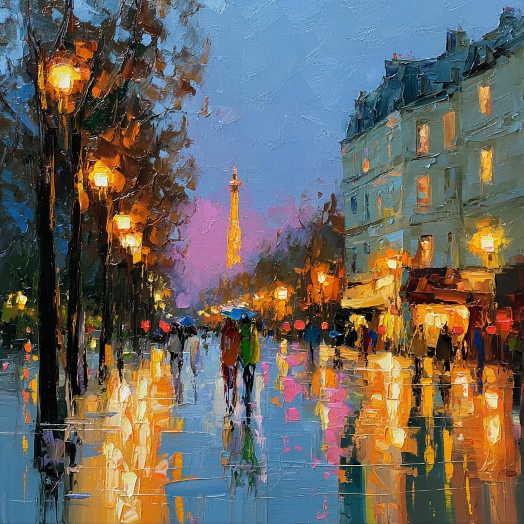 Paris Night City Rain Original Oil Painting Eiffel Tower Cityscape paris-night-city-rain-original-oil-painting-eiffel-tower-cityscape