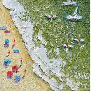 Pintura de playa costera original texturizada 3D minimalista paisaje marino olas moldeo pasta obra de arte abstracta contemporánea natación