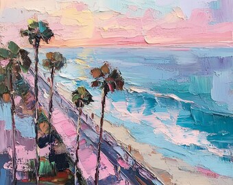 California Beach at Sunset, Palm Trees by the Ocean, Original Oil Painting, Colorful Impressionist Coastal Landscape