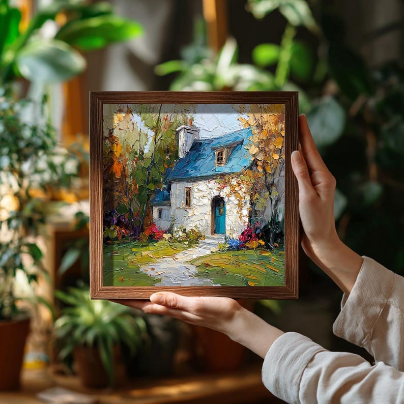 Op de afbeelding: Een ingelijst schilderij van een schilderachtig huisje met een blauw dak en een turkooizen deur. Het kunstwerk heeft een getextureerde, impressionistische stijl met levendige kleuren groen, geel en rood. De lijst heeft een warme bruine kleur.