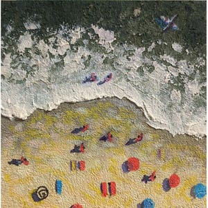 May include: An aerial view painting of a sandy beach with yellow sand, white crashing ocean waves, and small figures of people relaxing on the shore. The scene includes scattered colourful beach umbrellas and towels in red, blue, and black.
