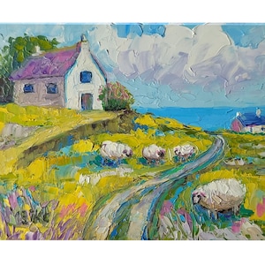 Peinture à l'huile originale irlandaise de paysage d'Irlande, petite peinture abstraite de campagne, cadeau pour la décoration intérieure, artiste V. Slavinska