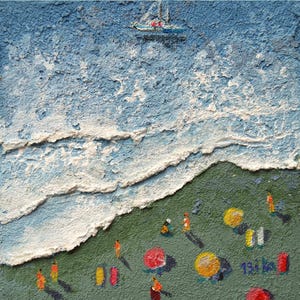 Pintura de playa costera original con textura 3D, arte minimalista, paisaje marino, olas, pasta de moldeo, arte abstracto contemporáneo, natación