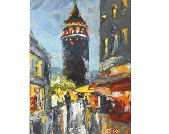 Street Original Oil Painting Turkey Galata Tower Cityscape Istanbul Impressionism 8x12 in Romantic City Wall Art