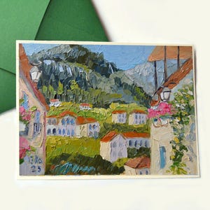 Paysage urbain albanais Peinture à l'huile Albanie Méditerranée Art original 8x6", Cadeaux de voyage, Paysage européen, Artiste ukrainien V. Slavinska