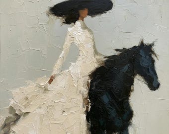 May include: An oil painting on canvas featuring a figure wearing a long white dress and a wide-brimmed black hat, riding a black horse. The artwork utilizes thick, textured impasto brushstrokes to create depth and movement against a light background.