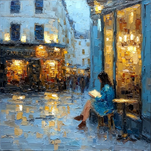 Paris Cafe Rain Oil Painting, Girl Reading in Street, Original Impressionist Cityscape, French  Romantic Art