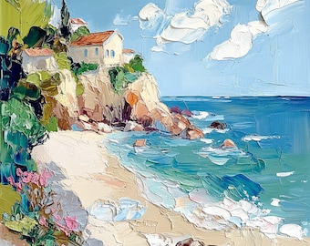 Amalfikust Olieverfschilderij Italiaanse kust Klifhuis Strand Mediterraan landschap Impasto Origineel kunstwerk Kustmuurkunst