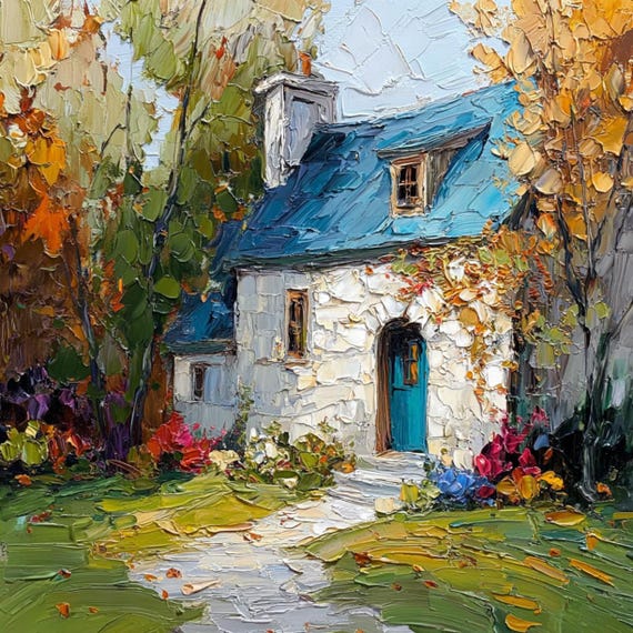 Vermont Cottage Painting Fall Trees Original Oil Art Landscape Impasto National Park