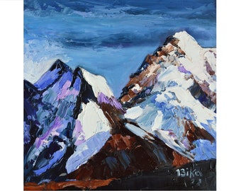 Mountains Painting Original Oil Artwork One of a kind Wall Art 8" by 8" in Impasto Hand painted